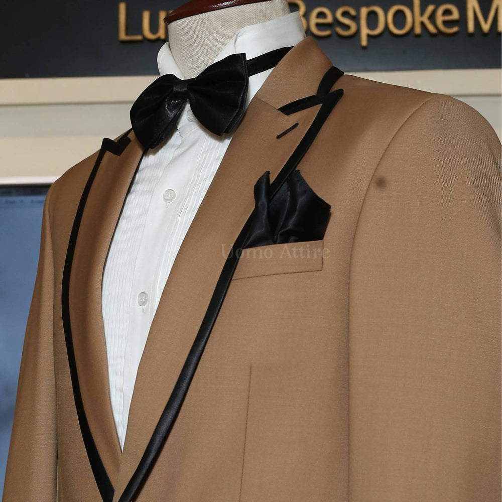 custom-tailored-golden-tuxedo-3-piece-suit-with-black-piping | Tuxedo Suit for Men