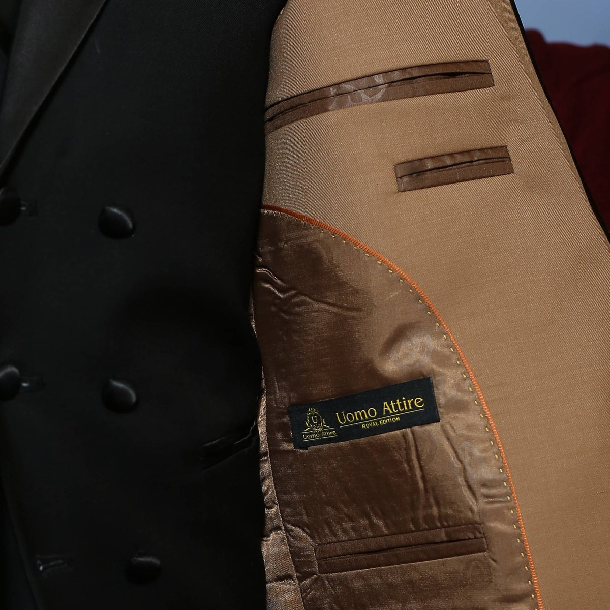 custom-tailored-golden-tuxedo-3-piece-suit-with-black-piping | Tuxedo Suit for Men