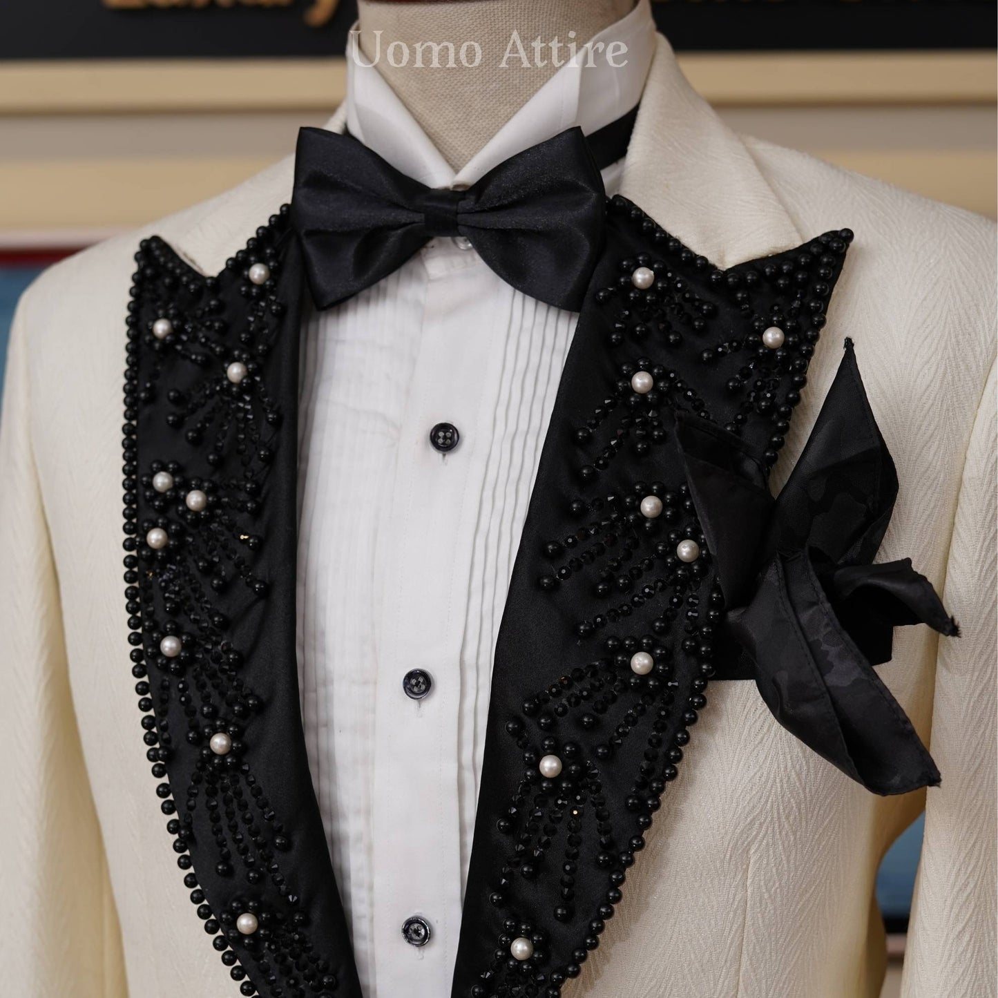 
                  
                    Custom tailored tuxedo 2 piece suit with embellished lapel | White Tuxedo Suit
                  
                