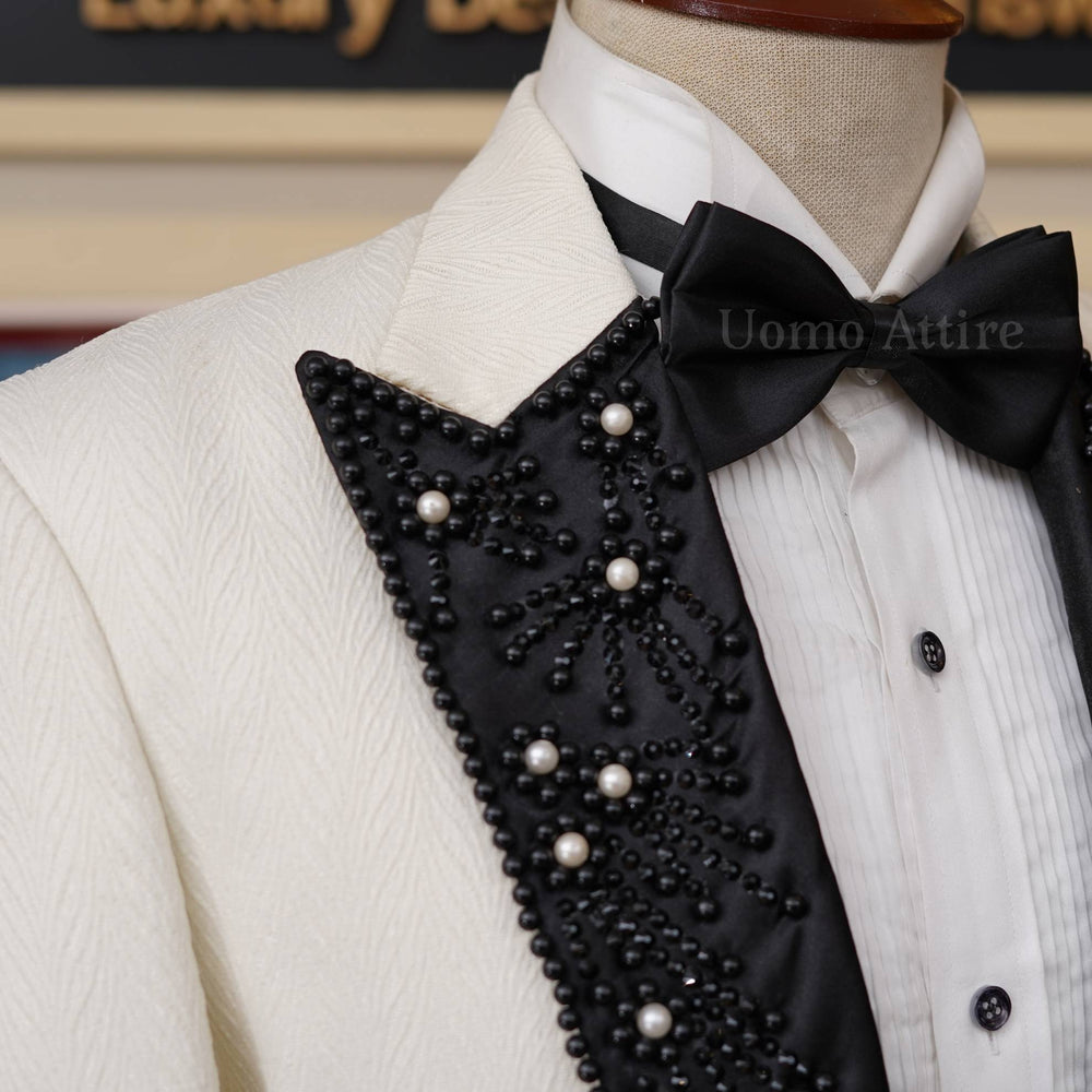 
                  
                    Custom tailored tuxedo 2 piece suit with embellished lapel | White Tuxedo Suit
                  
                