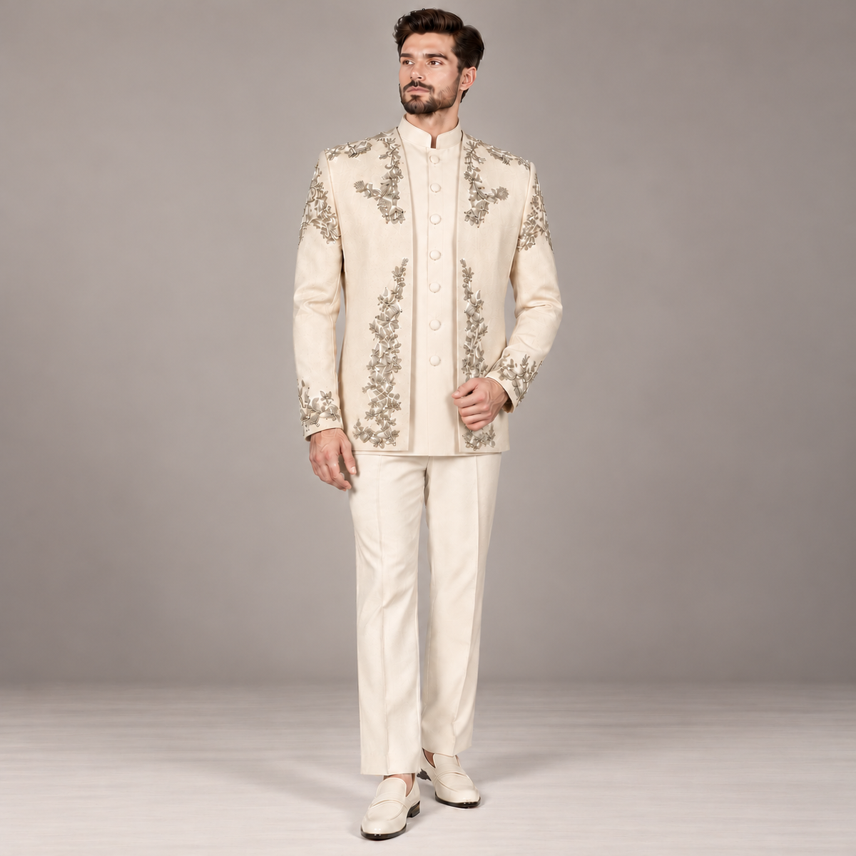 IVORY MONARCH EMBALLISHED HERITAGE OPEN FRONT PRINCE COAT WITH SHORT SHIRT BOOT CUT TROUSER