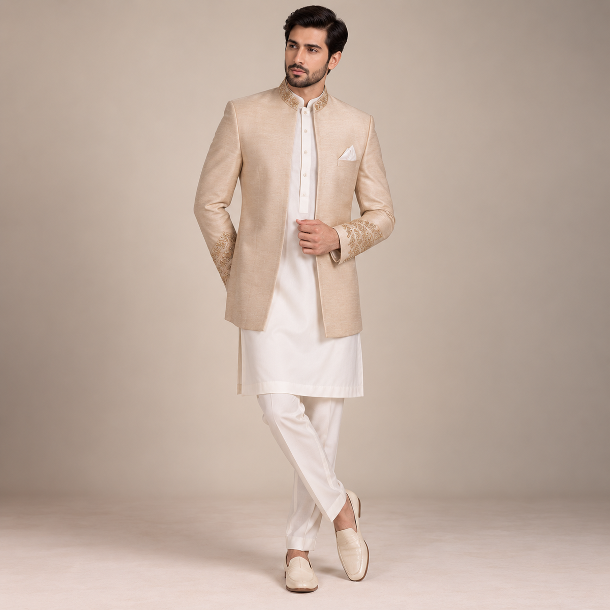 Golden Raw Silk Fabric Open Front Luxury Prince Coat
