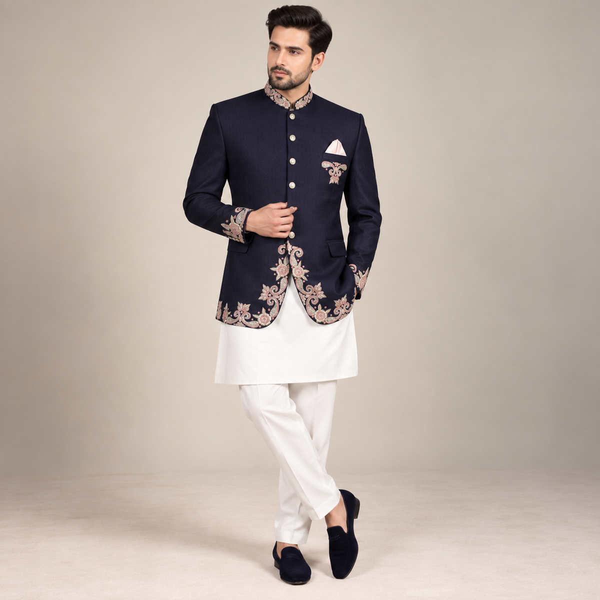 Blue Wedding Prince Coat For Men With Tea Pink Handwork
