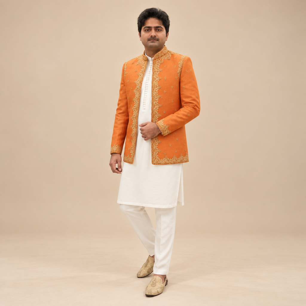 Men's Luxury Orange Embroidered Prince Coat with White Kurta