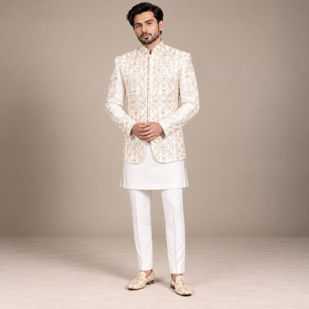 Off-White Embroidered Prince Coat for Modern Groom