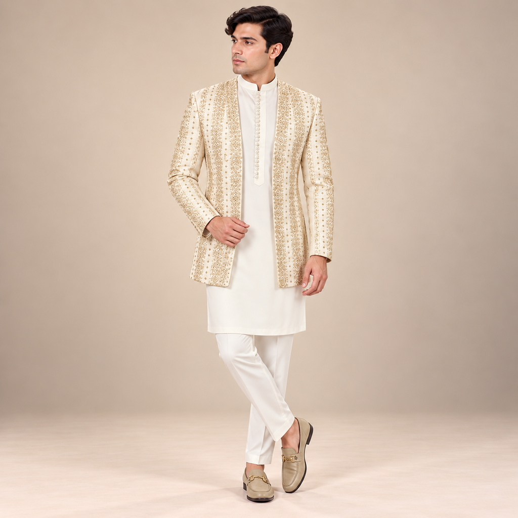 Men's Luxury Off-White Embroidered Prince Coat with White Kurta