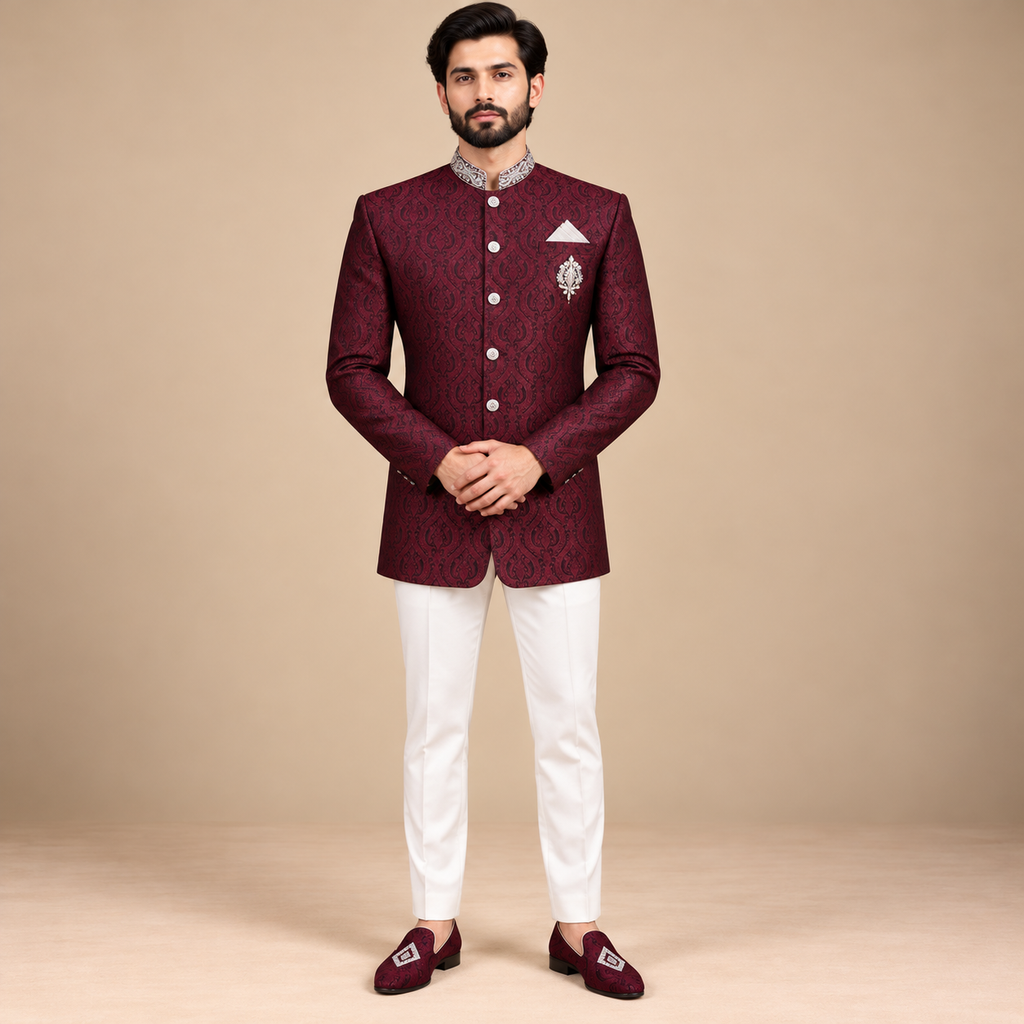 Dark Maroon Prince Coat with Silver Embellishments