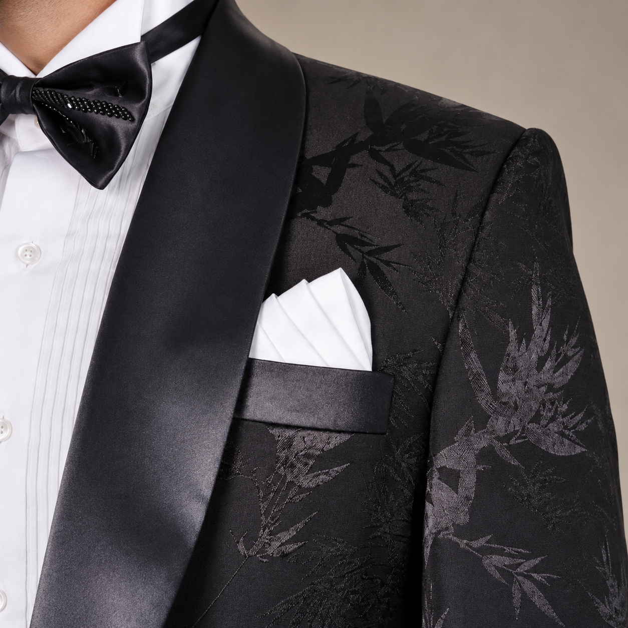 
                  
                    Black Tuxedo for Men in Tropical Jacquard Leaf Embosed Fabric
                  
                