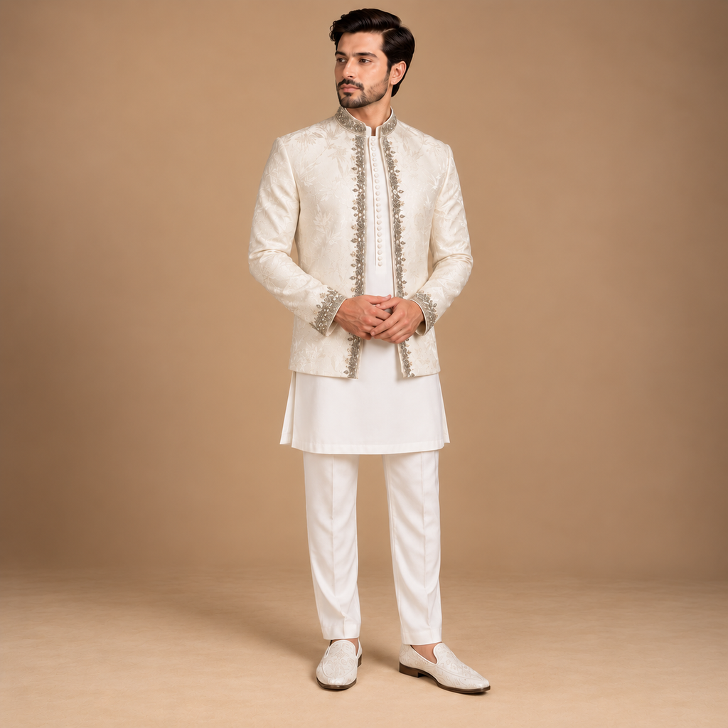 Premium Pure White Self-Textured Prince Coat with Hand Embellishment