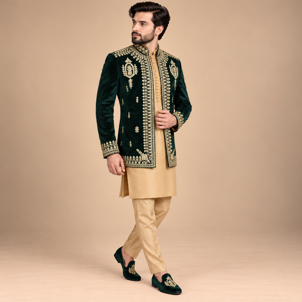 Luxury Green Velvet Prince Coat with Golden Embellishment For Men's