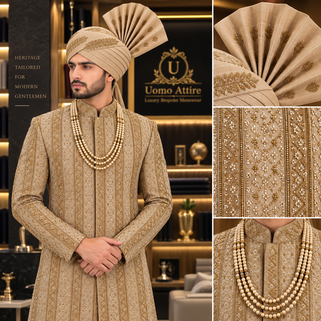 ZAR E NAWAB SHAMPAING GOLDEN EMBALISHED SHERWANI