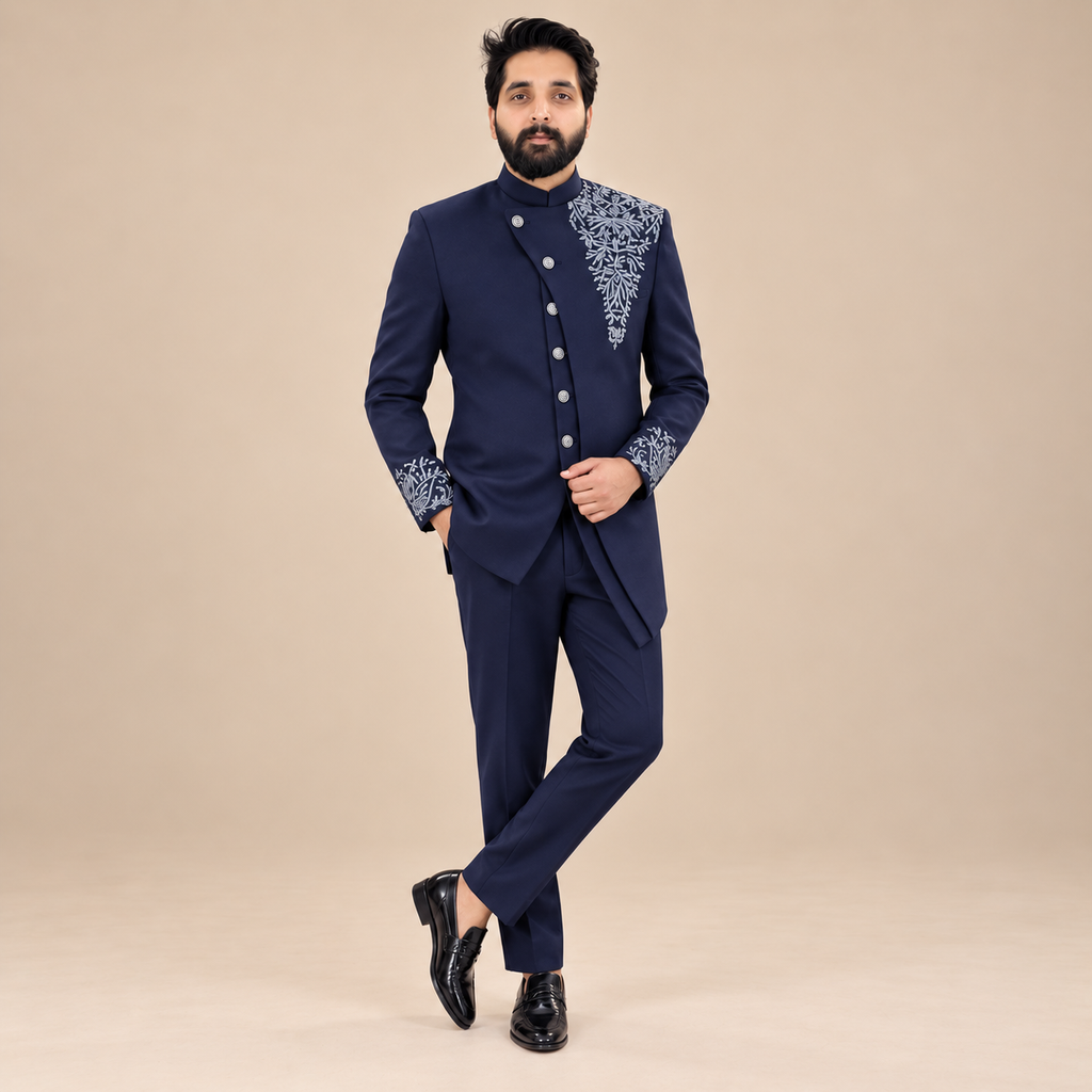 Men's Luxury Navy Blue Embroidered Prince Coat Suit