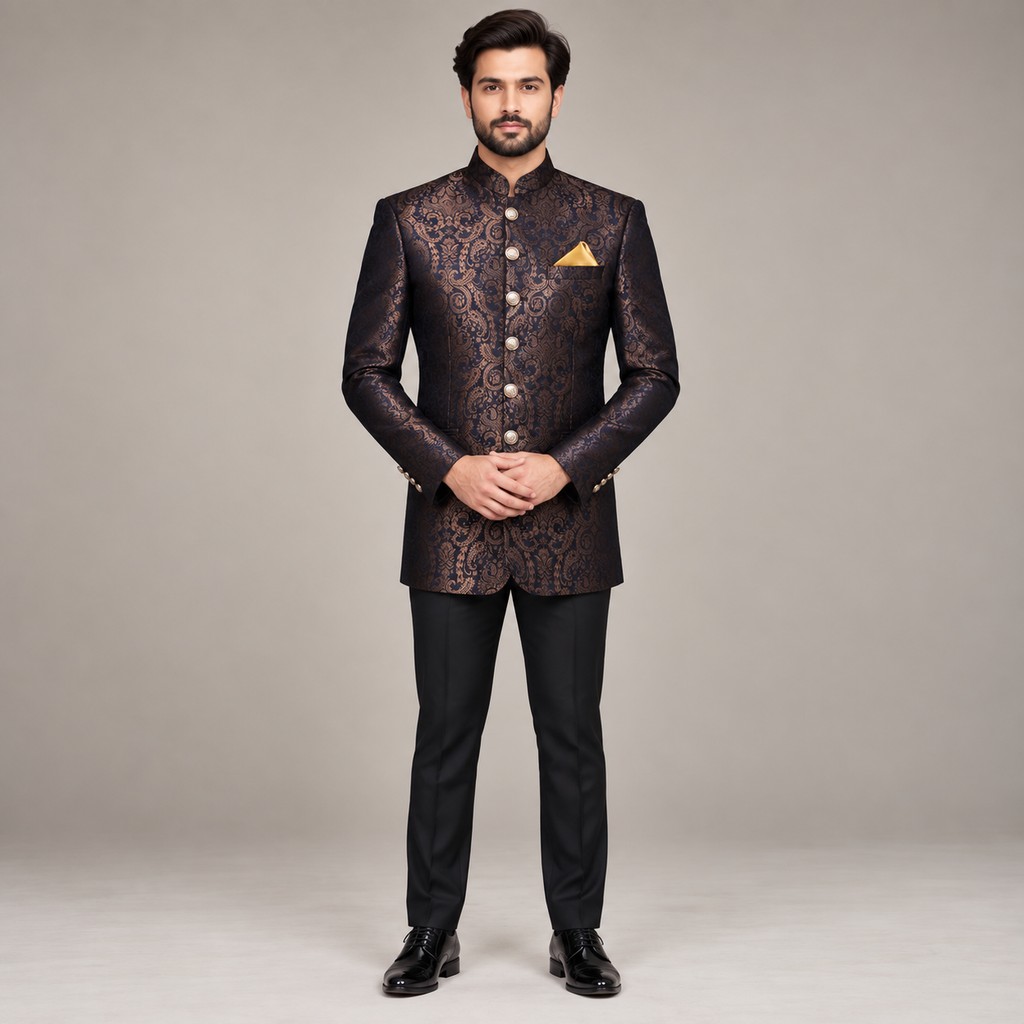 Custom-made jamawar prince coat for mehndi