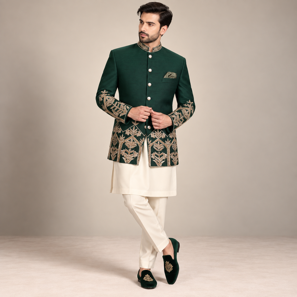 Deep green prince coat with golden embellishment