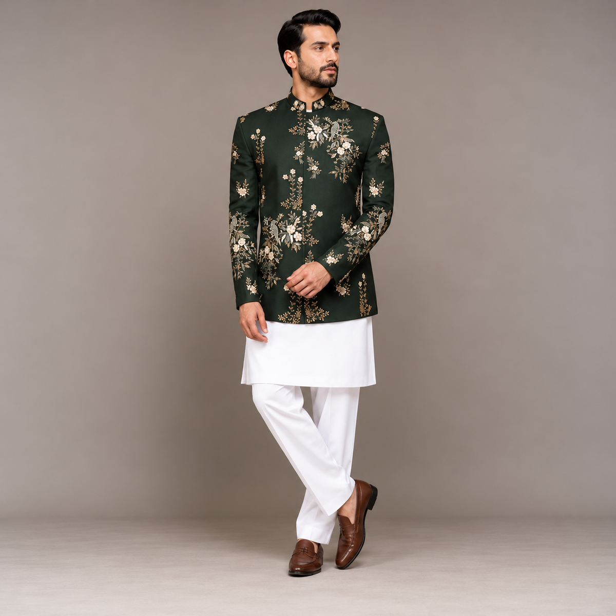 Bottle Green Hand Embellished Prince Coat for Groom