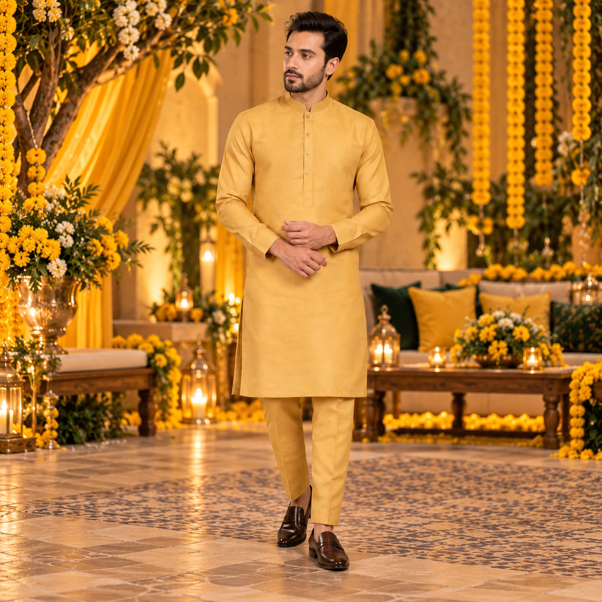 Golden kurta pajama for mehndi