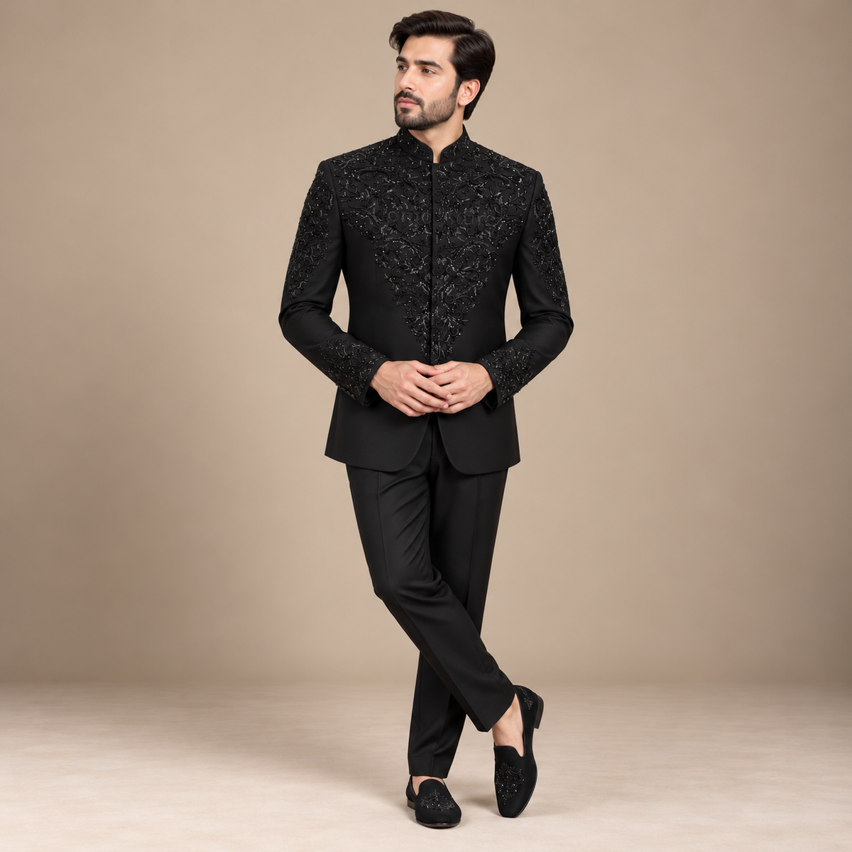 Cappotto principe nero decorato tropicale italiano 