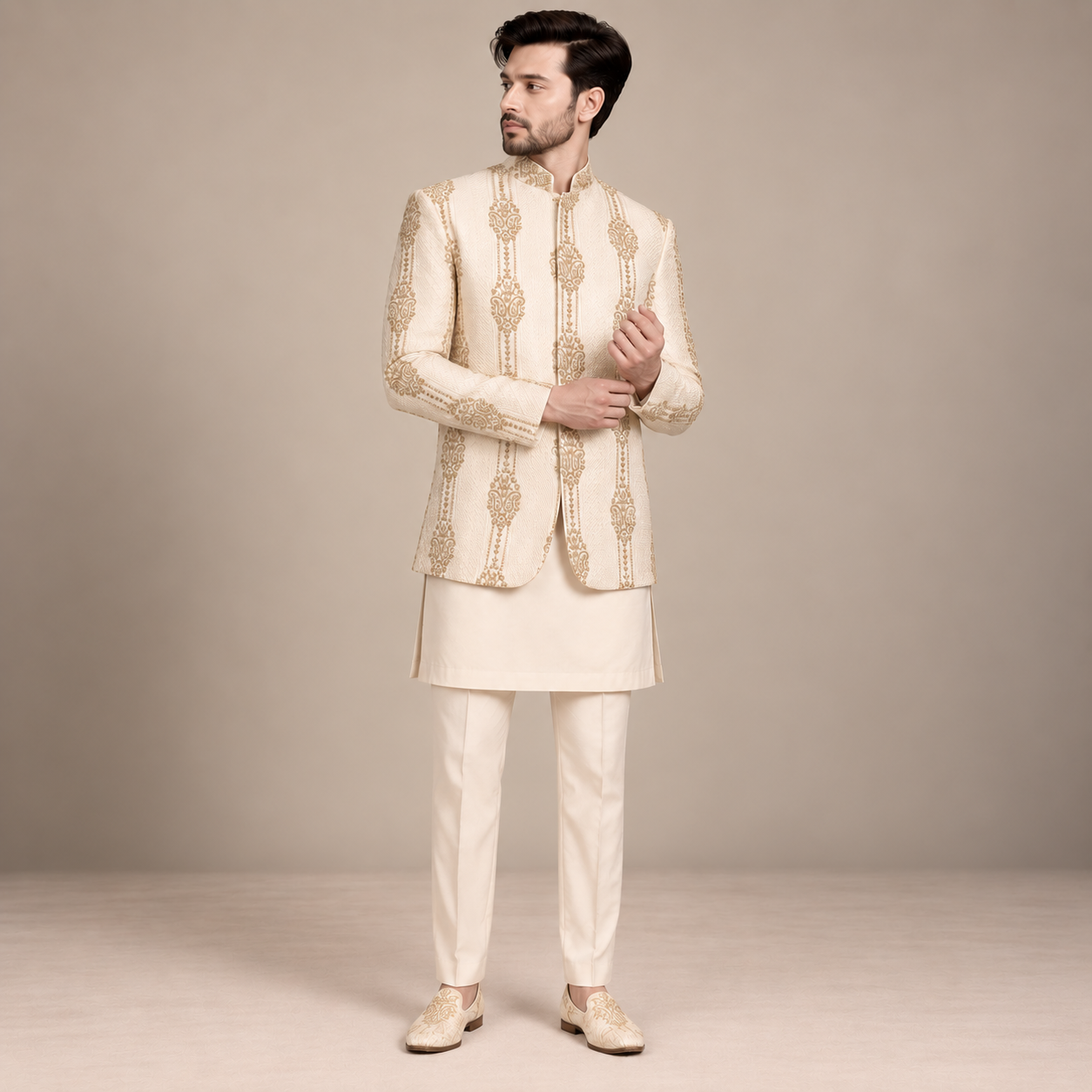 
                  
                    Luxury Off-White Wedding Jodhpuri Suit for Groom
                  
                