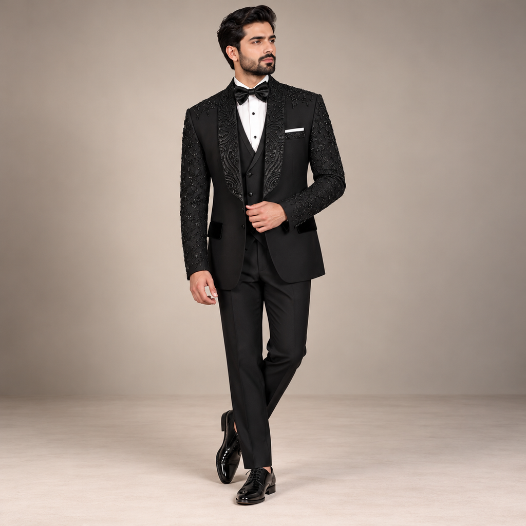 Jet Black Tropical Fabric Tuxedo with Hand Embellishment for Men