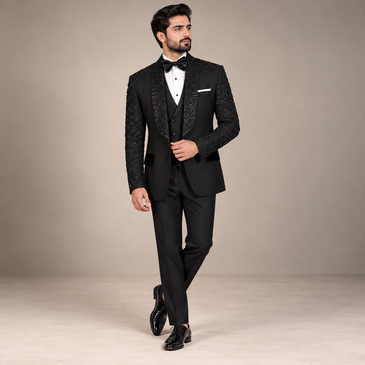 Jet Black Tropical Fabric Tuxedo with Hand Embellishment for Men