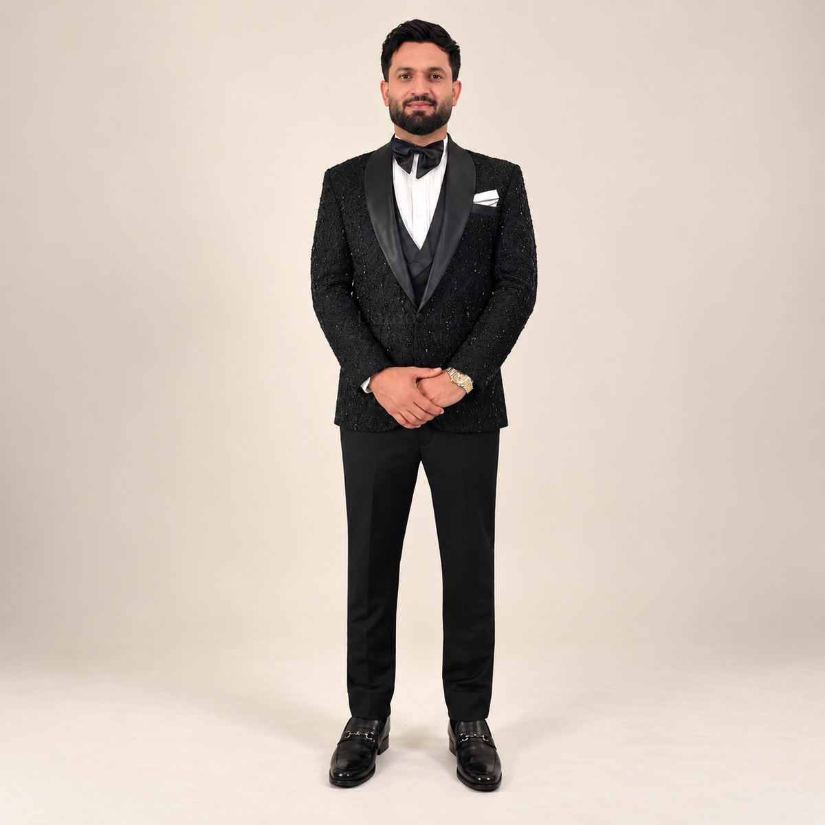 Men's Luxury All-Black Crystal Embroidered Tuxedo with Shawl Lapel