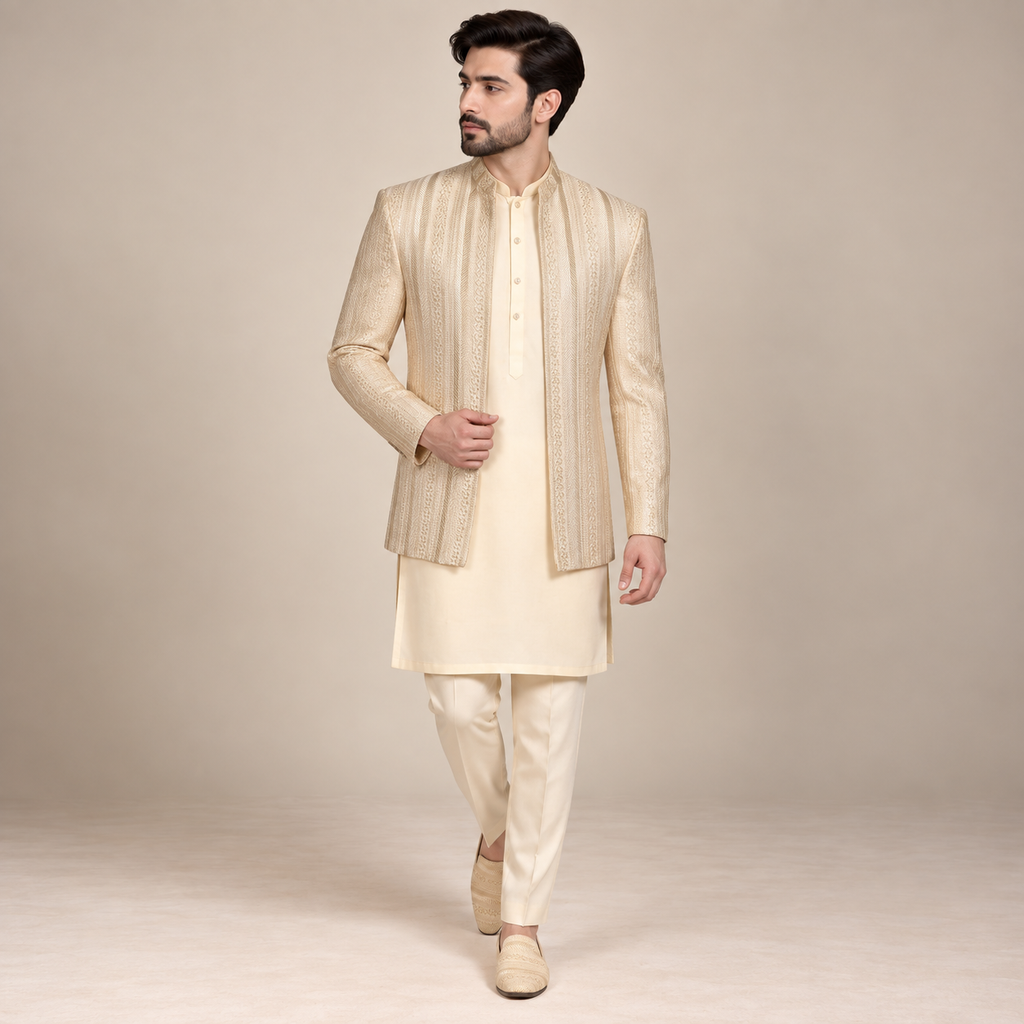Beige and Ivory Embroidered Open Front Prince Coat