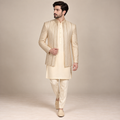 Beige and Ivory Embroidered Open Front Prince Coat