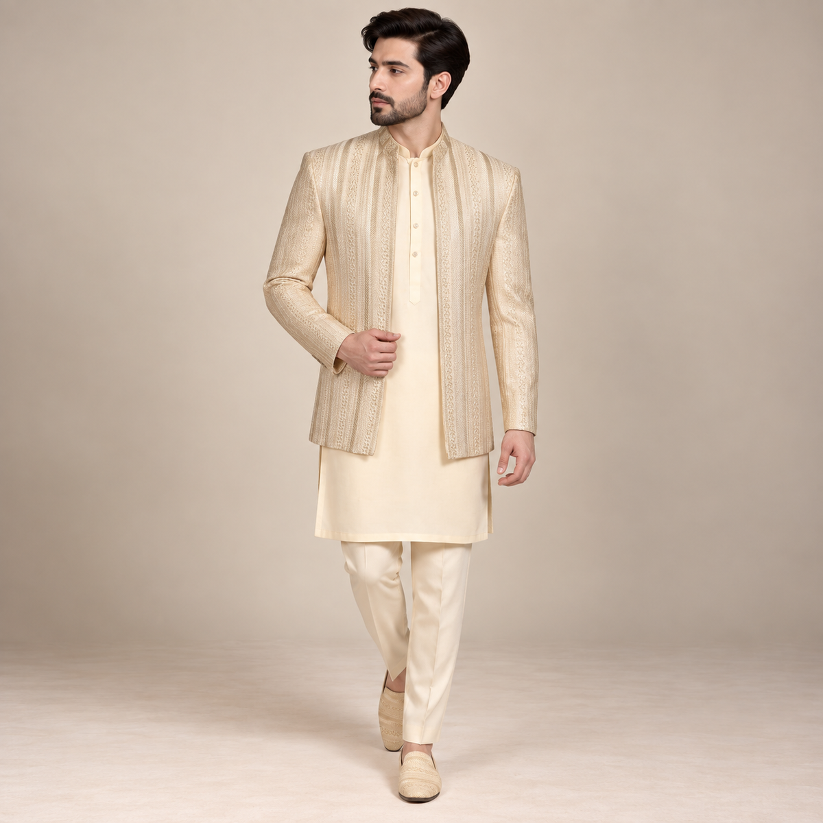 Beige and Ivory Embroidered Open Front Prince Coat