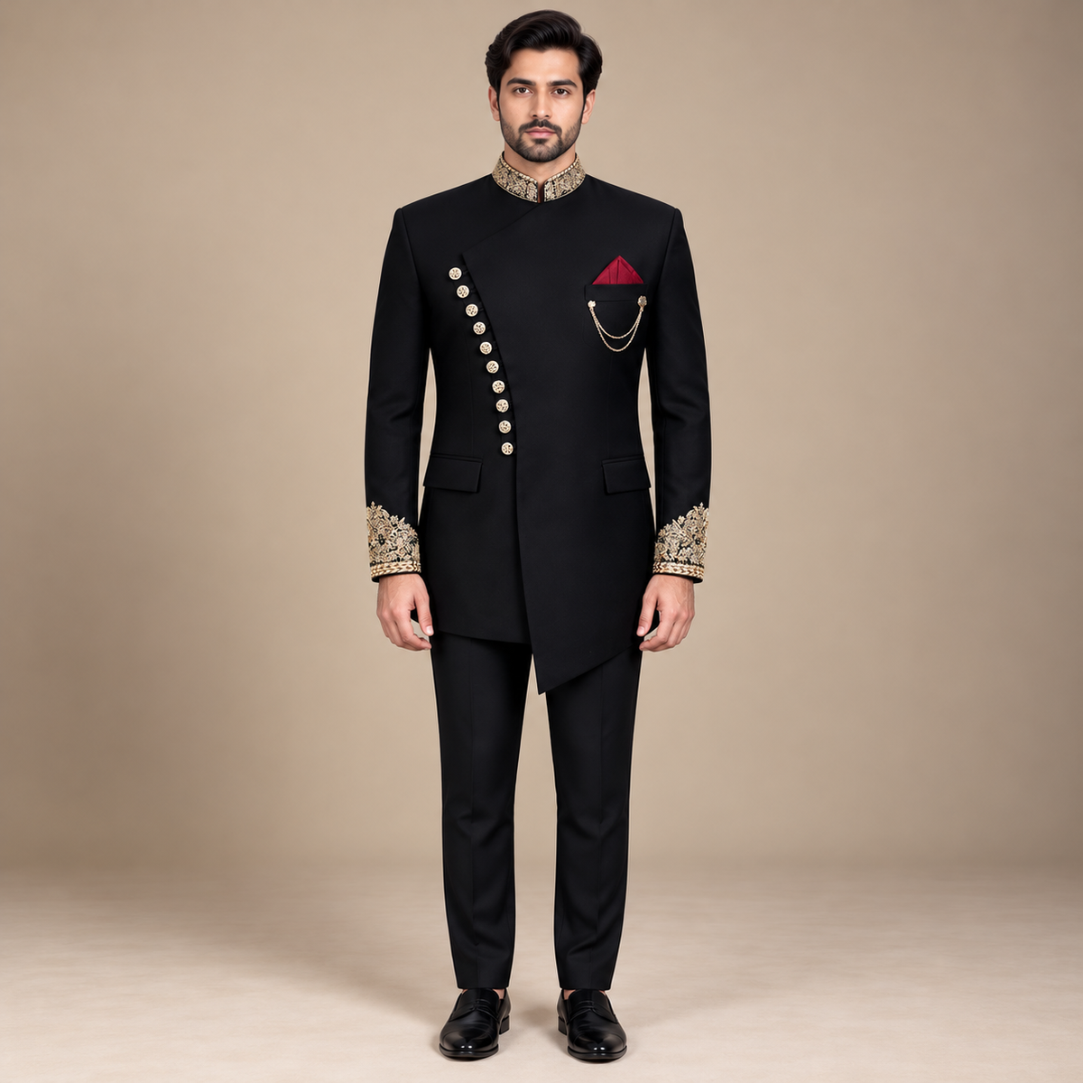 Cappotto principe personalizzato in stile angrakha impreziosito nero 