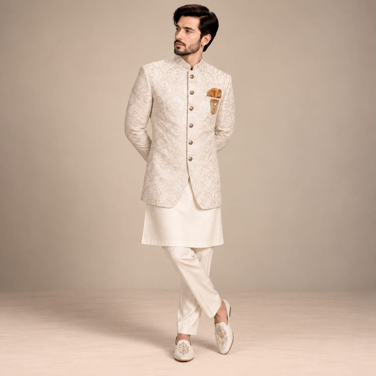 Off White Fully Micro Embroidered Prince Coat