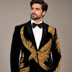 Jet Black Luxury Velvet Tuxedo with Intricate Golden Feather-Inspired Hand Embellishment