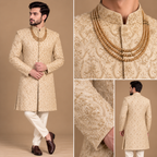 Luxury Light Golden Embroidered Sherwani with Hand Embellishment for Groom