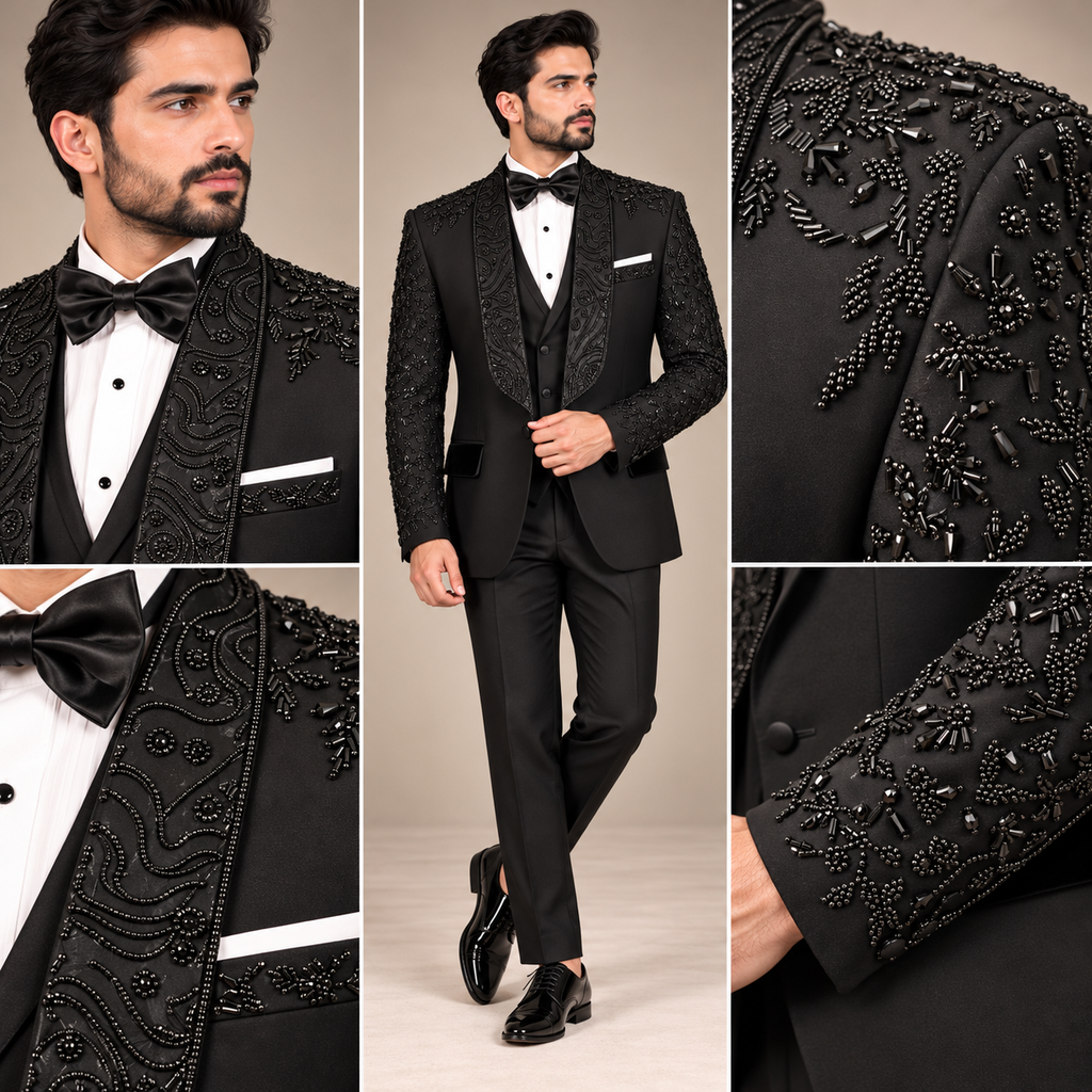 Jet Black Tropical Fabric Tuxedo with Hand Embellishment for Men