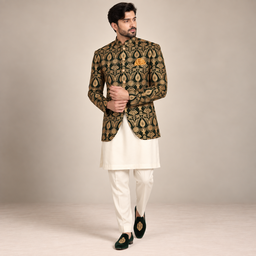 Deep Green Prince Coat with Golden Embroidery
