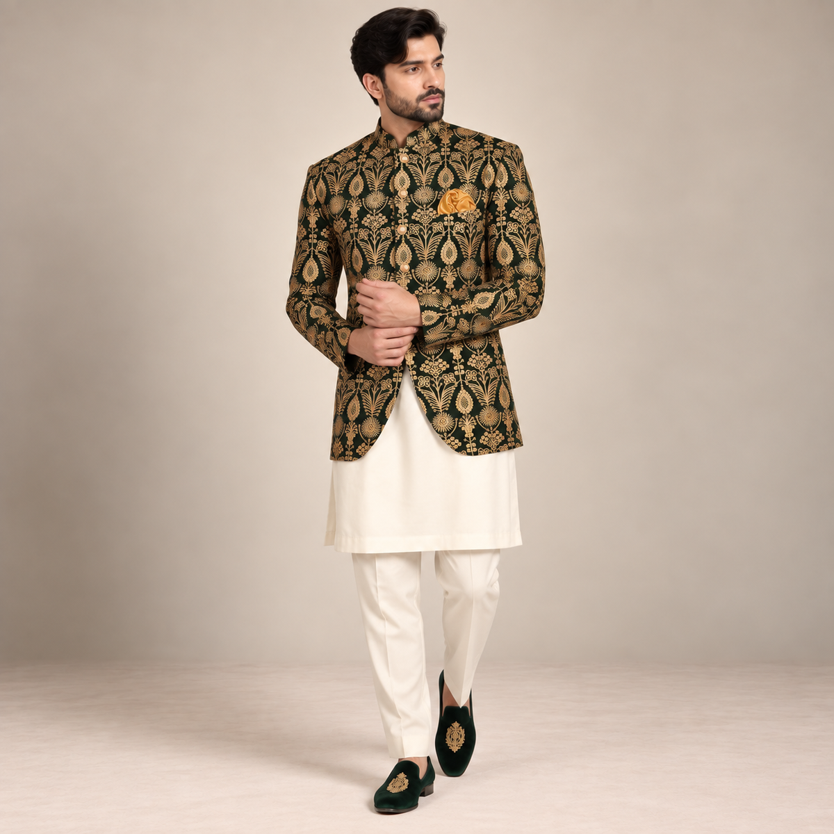 Deep Green Prince Coat with Golden Embroidery