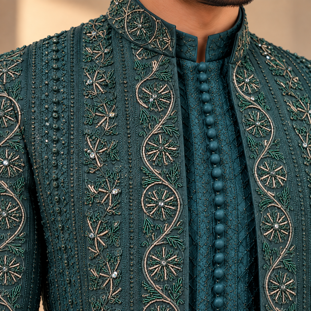 EMERALD REGAL EMBROIDERED BANDHGALA SUIT