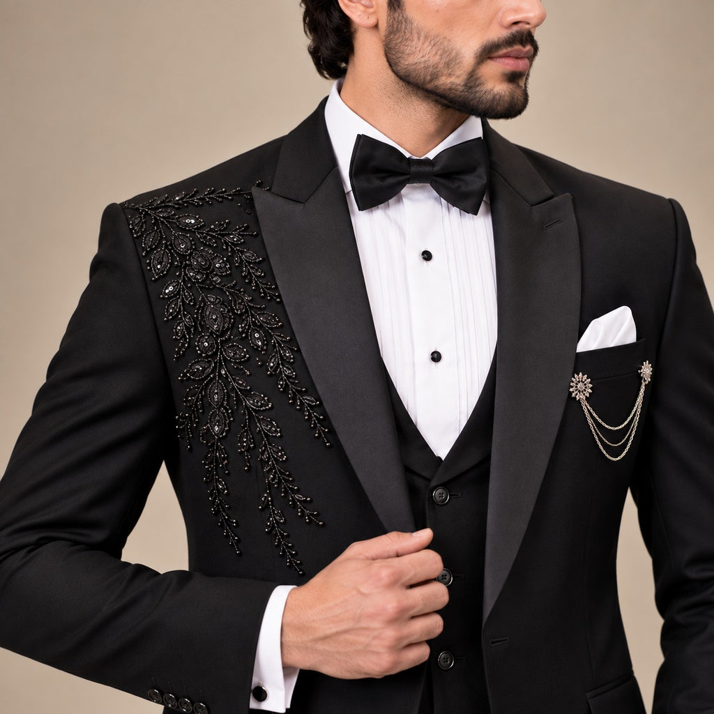 MEN'S BLACK LUXURY HAND-EMBELLISHED TUXEDO FOR WEDDINGS