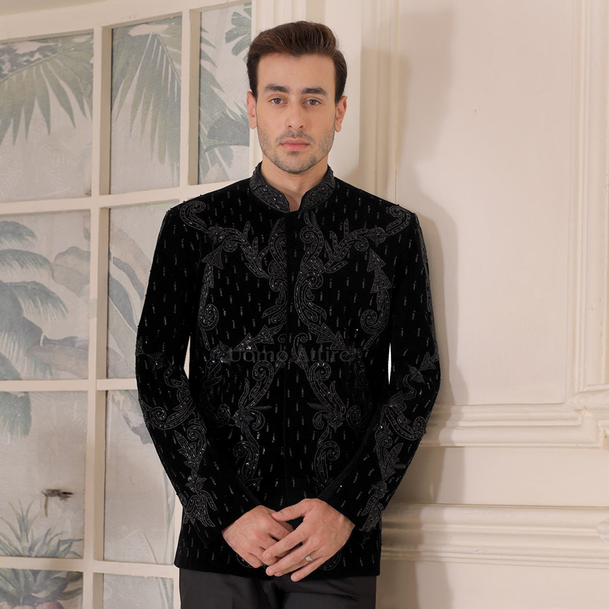 Opulent Black Velvet Embellishment and Jeweled Prince Two Piece Suit