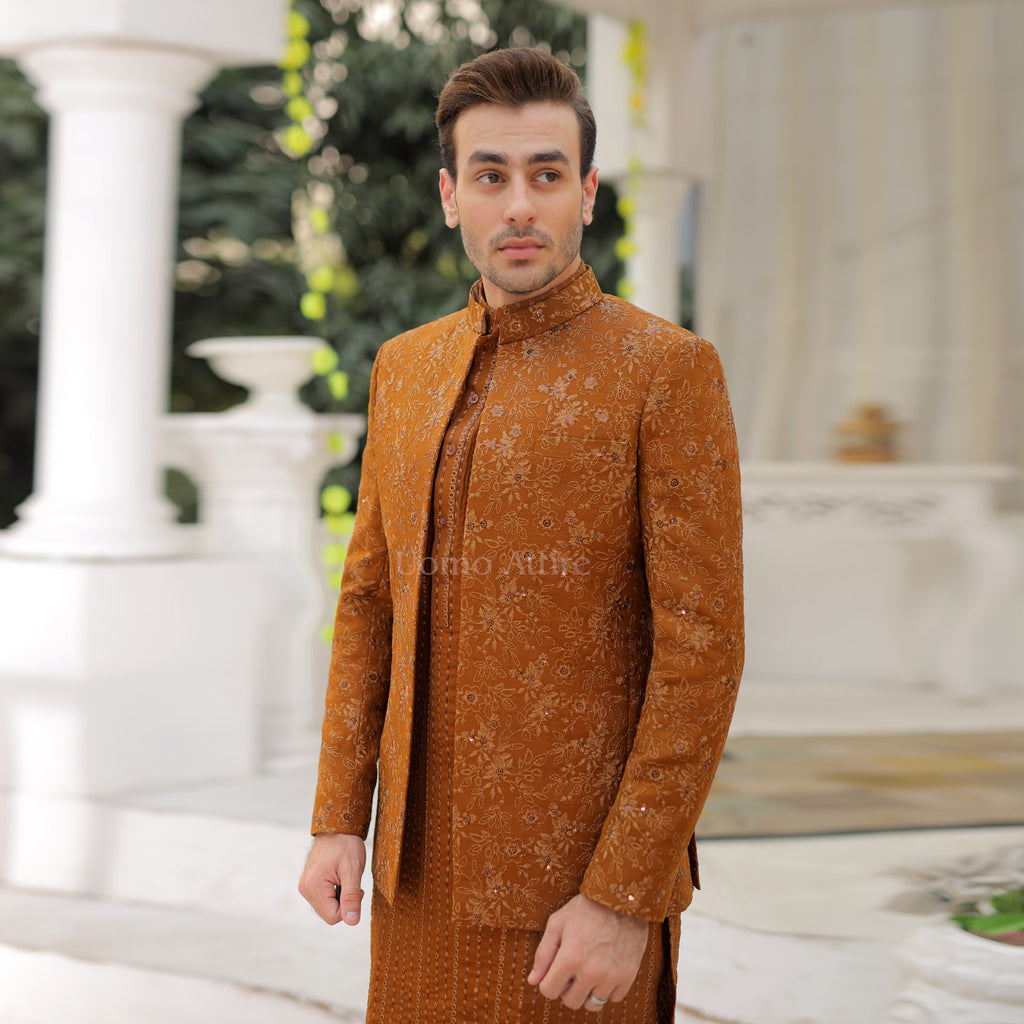 Handcrafted Floral Embroidered Open Front Prince Coat For Groom
