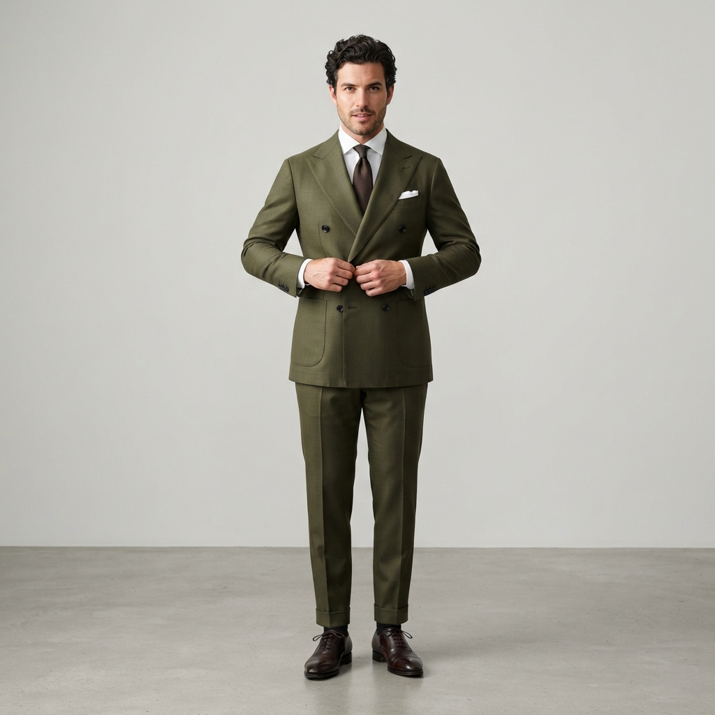 
                  
                    Men's Olive Green Double-Breasted Suit with Peak Lapels
                  
                