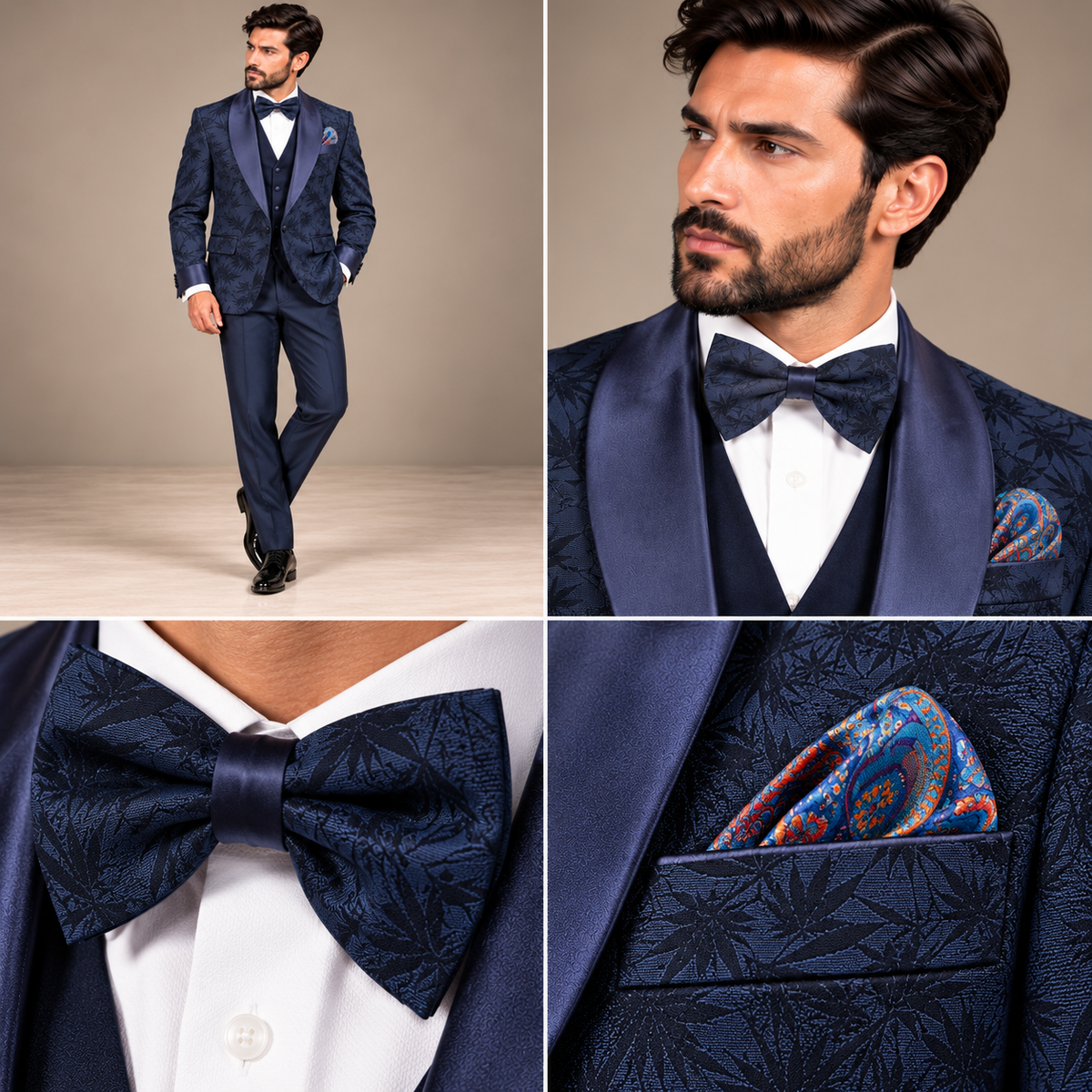 Luxury Navy Blue Self-Textured Three-Piece Tuxedo for Men | Premium Designer Wedding & Formal Wear – Uomo Attire