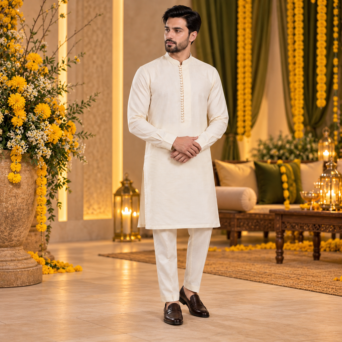 Raw silk fabric mehndi kurta pajama with loops