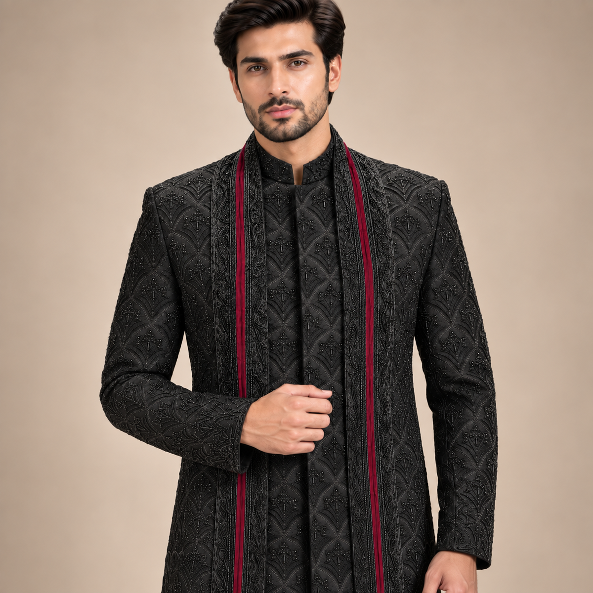 Black Embroidered Sherwani with Shawl and Hand Embellishment