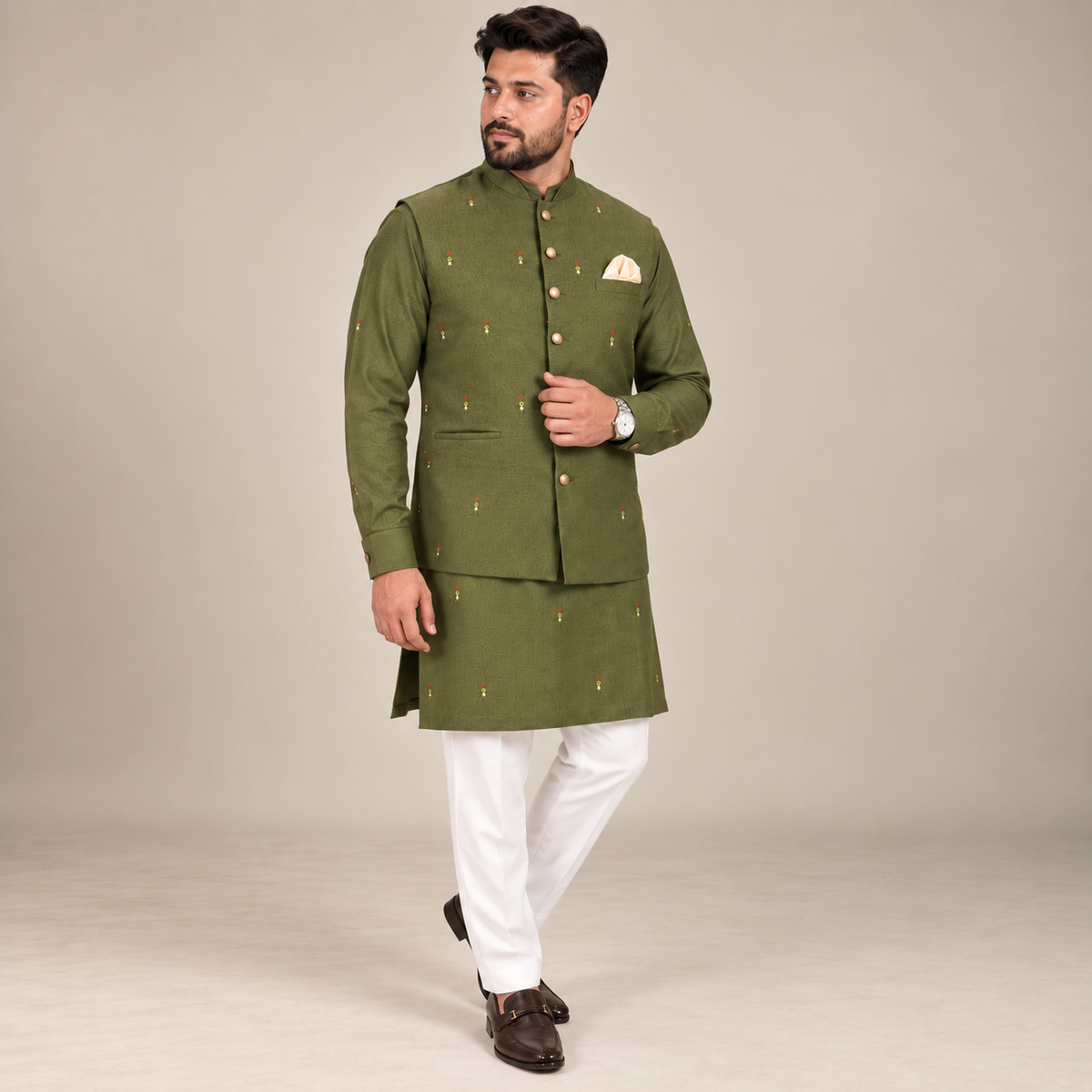 PURE KOREAN RAW SILK WITH HAND EMBELLISHMENT OLIVE GREEN WAISTCOAT KURTA PAJAMA