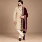 Luxury Light Golden Embroidered Sherwani with Hand Embellishment for Groom