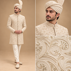 Premium Vanilla White Groom Sherwani with Intricate Embroidery & Hand Embellishment