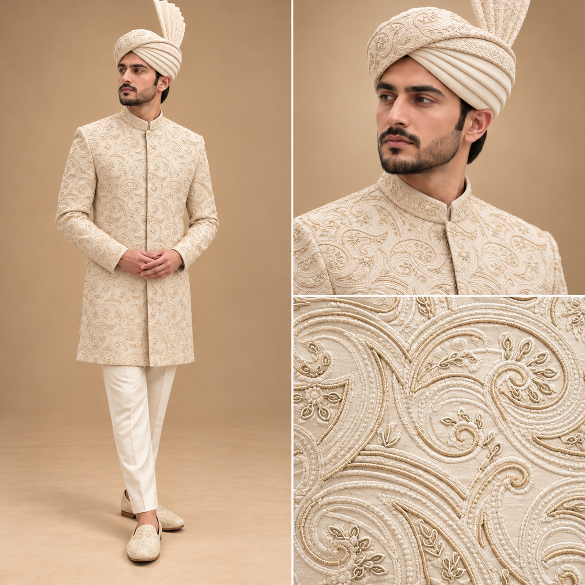 Premium Vanilla White Groom Sherwani with Intricate Embroidery & Hand Embellishment