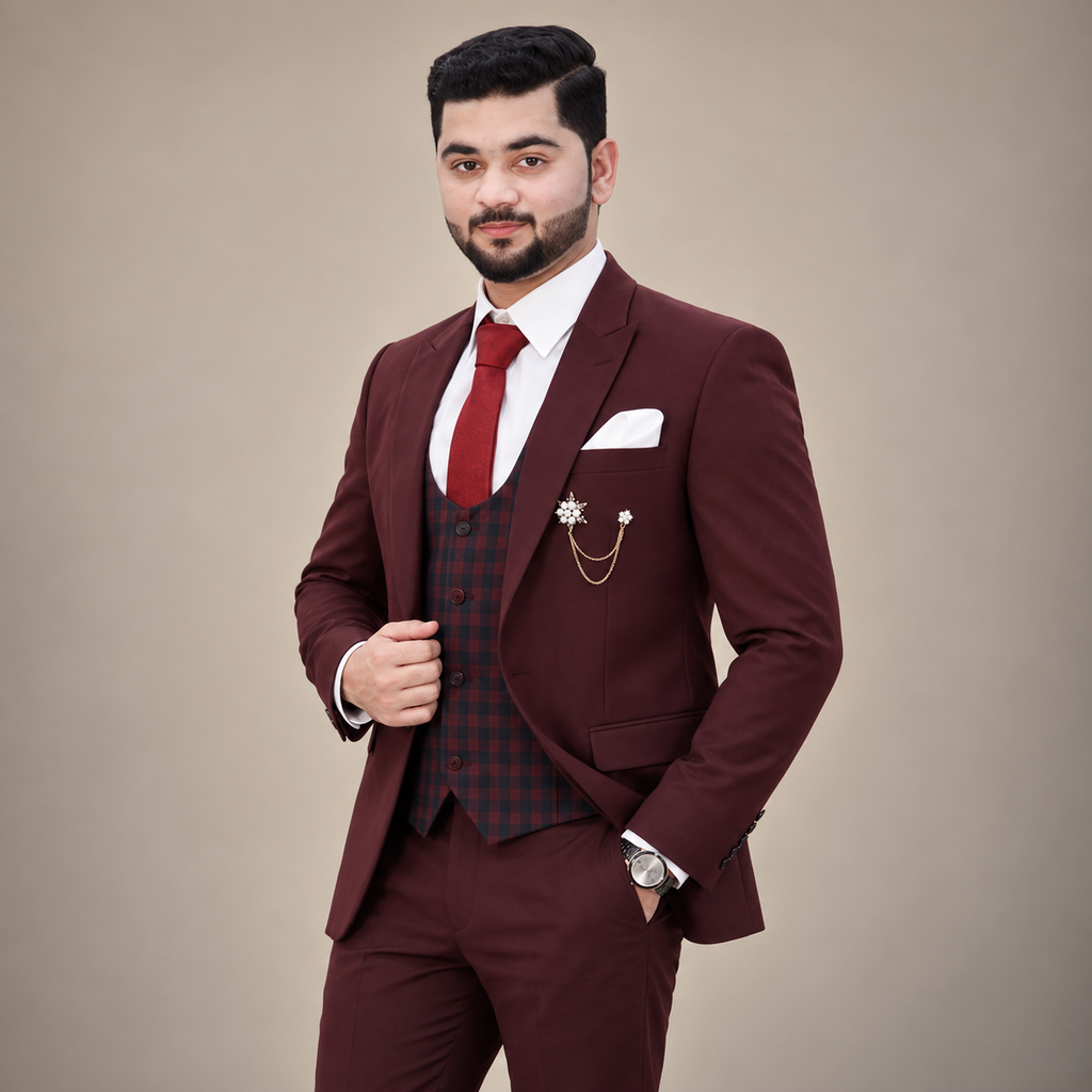 Luxurious Maroon 3-Piece Suit with Checked Waistcoat