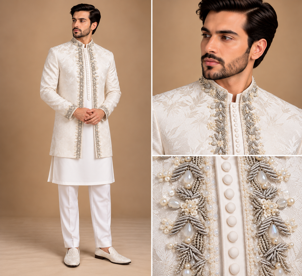 Premium Pure White Self-Textured Prince Coat with Hand Embellishment