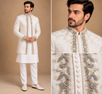 Premium Pure White Self-Textured Prince Coat with Hand Embellishment